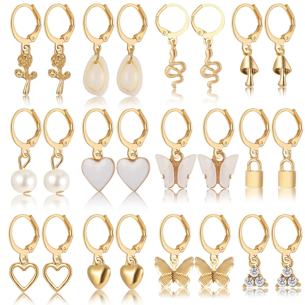 Herz-Perlen-Ohrhänger-Set, Metall, goldfarben, Schmetterlingsverschlüsse, Ohrringe für Frauen, Muschel, trendiger Schmuck