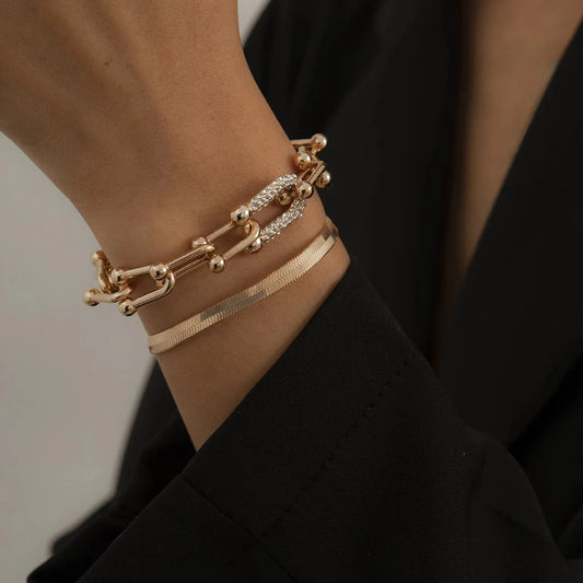 2Pcs/Set Fashion Statement Stylish Trendy Geometric Bracelet Gold U Chain Bracelet New Style Creative Bracelet