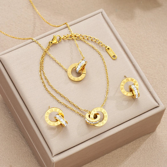 4Pcs/Set Gold Color Stainless Steel Crystal Necklace Bracelet Earrings