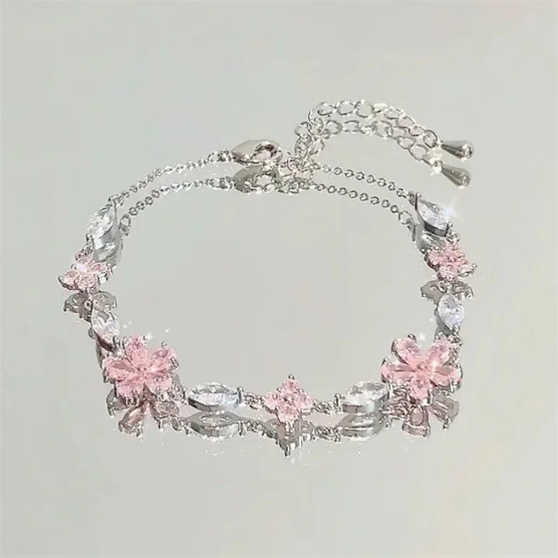 Glänzende rosa Kristall-Kirschblüten-Armbänder für Frauen und Mädchen, süße Mondschleife, Blumen, Zirkon-Armband, Party, ästhetischer E-Girl-Schmuck