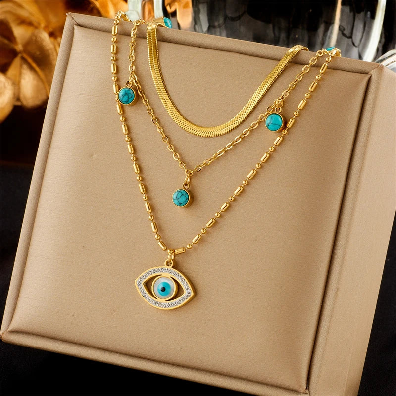 DIEYURO 316L Edelstahl Schmetterling Mond Schloss Blau Augen Anhänger Halskette Für Frauen Neue Multilayer Halsband Kette Schmuck Geschenke