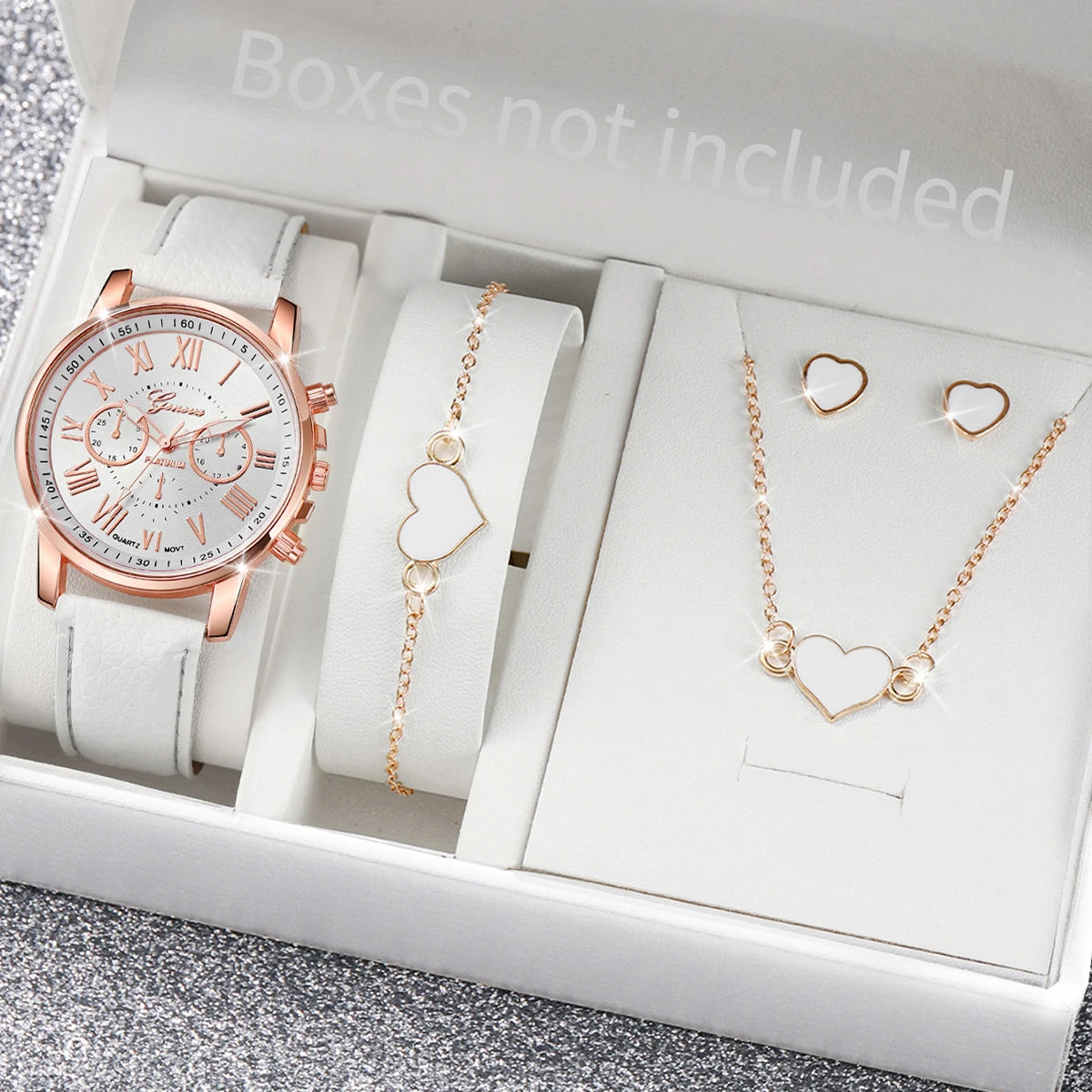 5/6 STÜCKE Mode Damen Quarzuhr Lederband Analog Armbanduhren Herz Strass Schmuck Set