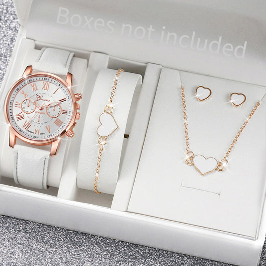 5/6PCS Fashion Women's Quartz Watch Leather Band Analog Wrist Watches Heart Rhinestone Jewelry Set