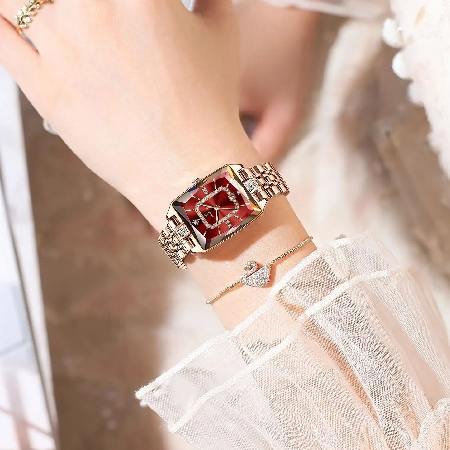 POEDAGAR Top Elegante Damen Armbanduhr Wasserdicht Datum Damenuhr Edelstahl Rechteck Quarz Damenuhren Weiblich Reloj