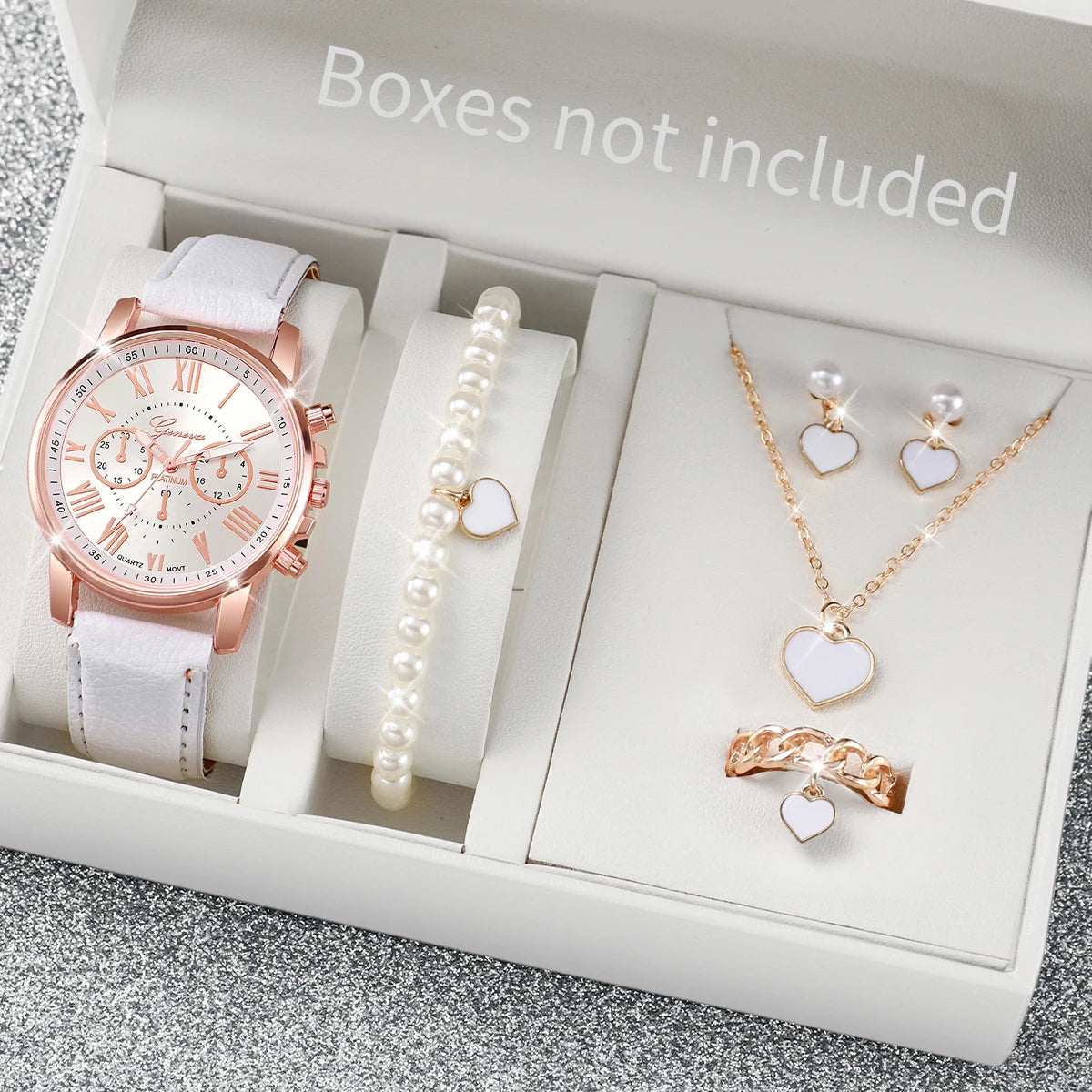 5/6 STÜCKE Mode Damen Quarzuhr Lederband Analog Armbanduhren Herz Strass Schmuck Set