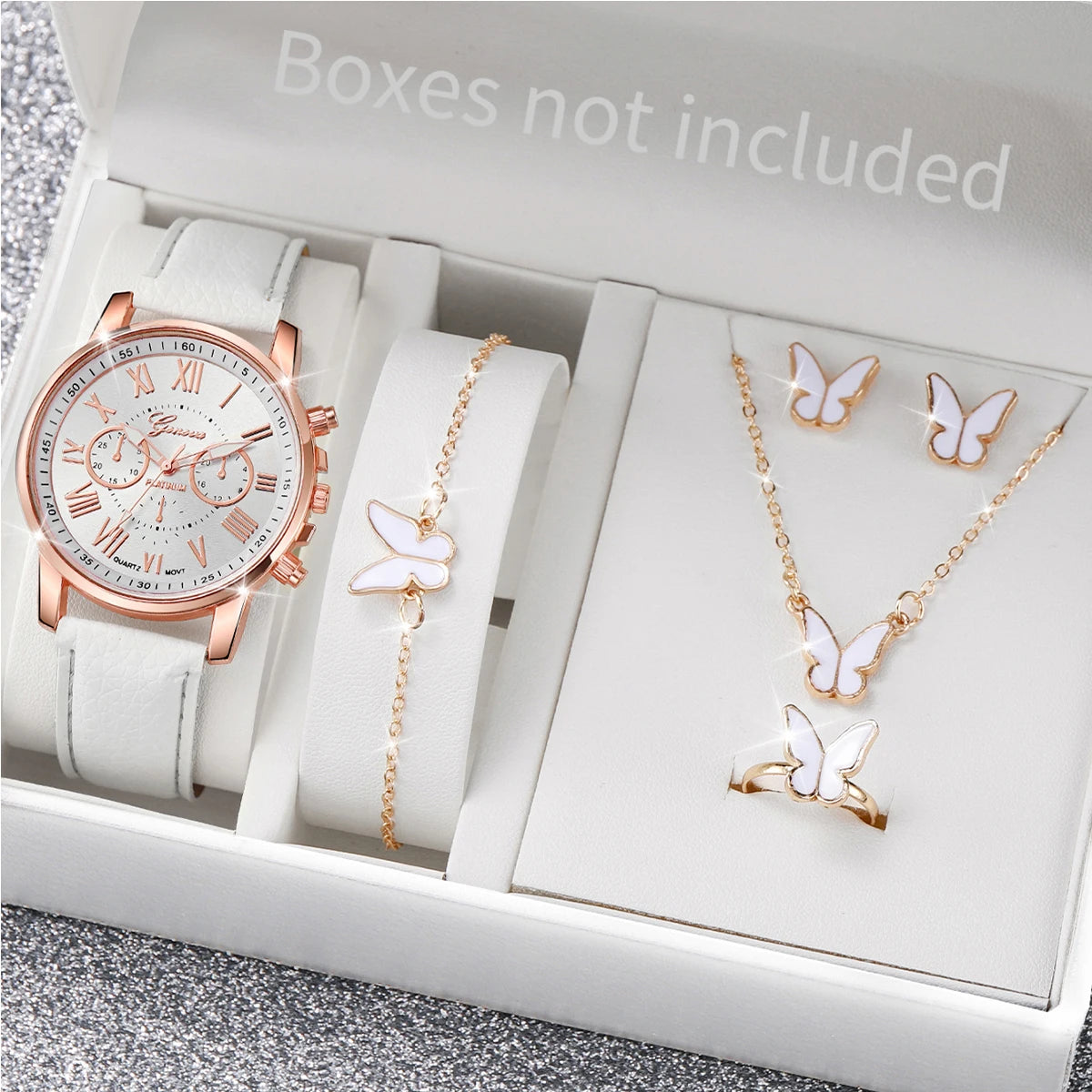5/6 STÜCKE Mode Damen Quarzuhr Lederband Analog Armbanduhren Herz Strass Schmuck Set