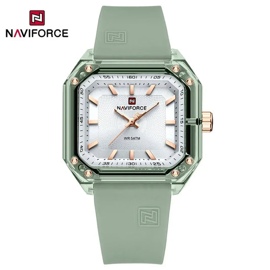 ساعة NAVIFORCE النسائية الجديدة ذات الطراز الجديد بسوار من السيليكا كوارتز مقاومة للماء حتى عمق 50 متر، ساعة يد نسائية بسيطة غير رسمية