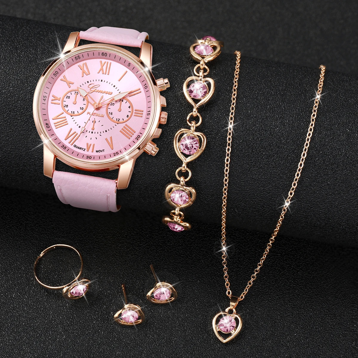 5/6 STÜCKE Mode Damen Quarzuhr Lederband Analog Armbanduhren Herz Strass Schmuck Set