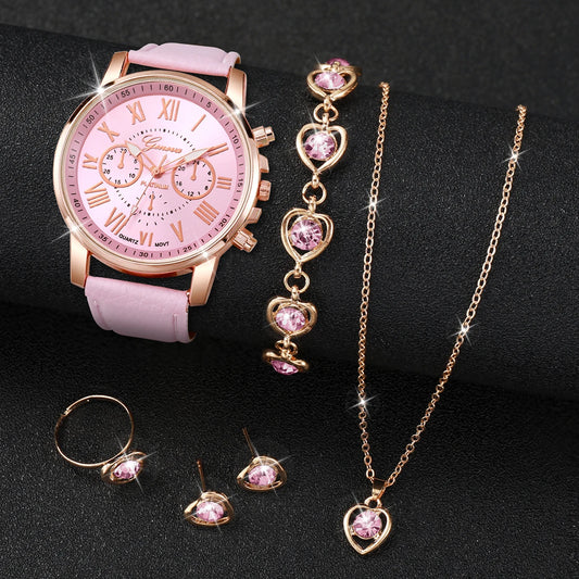 5/6PCS Fashion Women's Quartz Watch Leather Band Analog Wrist Watches Heart Rhinestone Jewelry Set