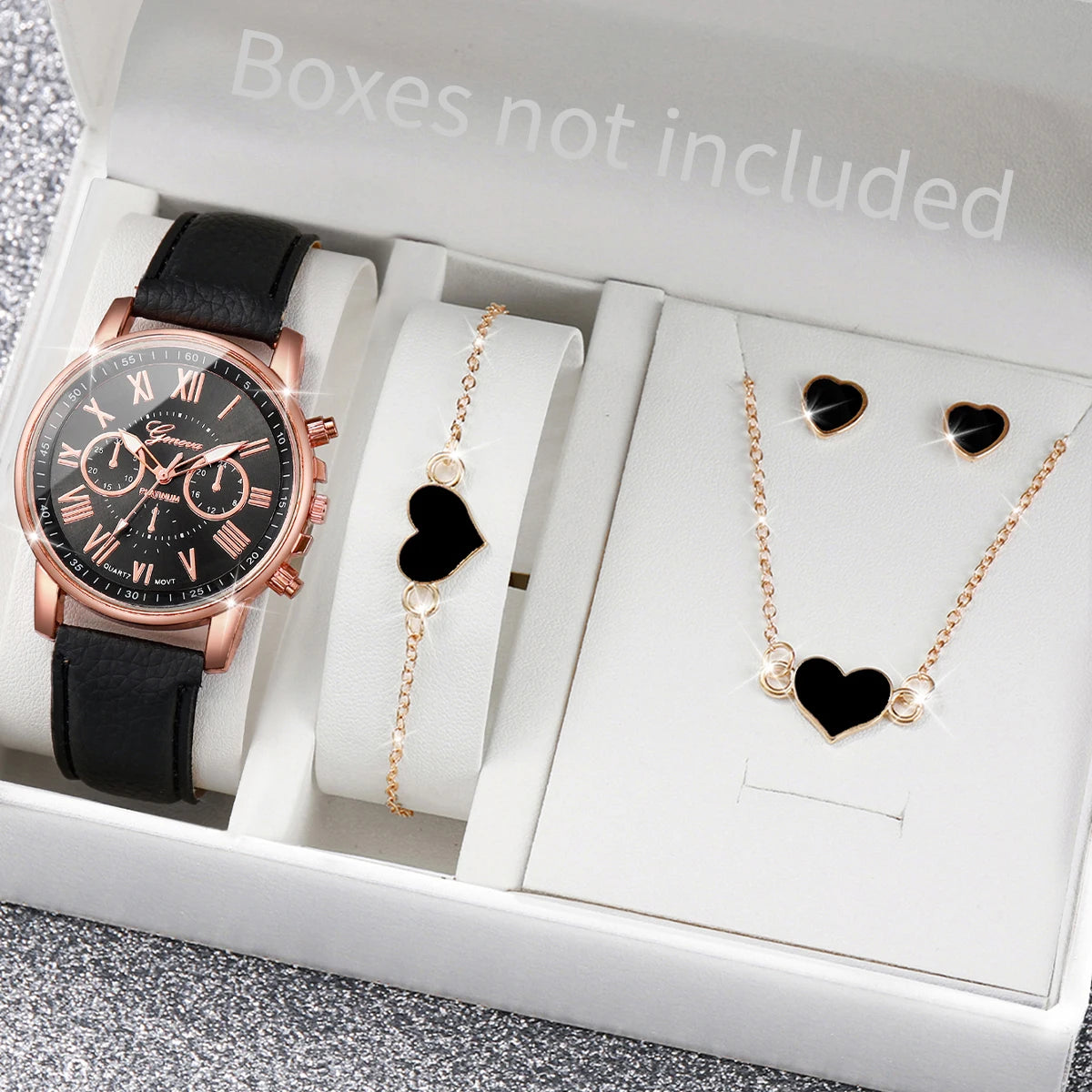 5/6 STÜCKE Mode Damen Quarzuhr Lederband Analog Armbanduhren Herz Strass Schmuck Set