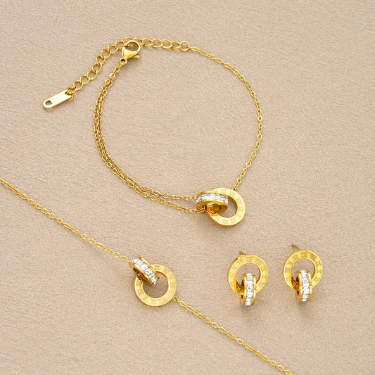 4Pcs/Set Gold Color Stainless Steel Crystal Necklace Bracelet Earrings