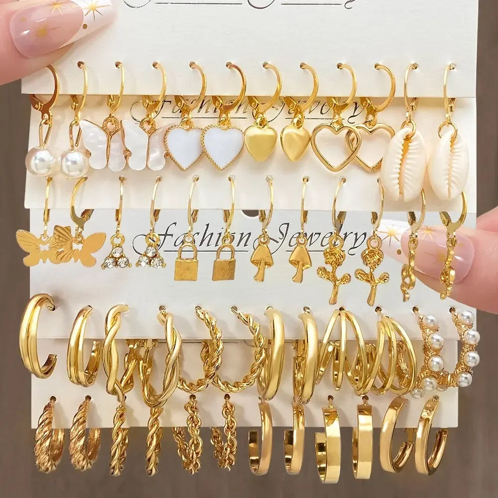 Herz-Perlen-Ohrhänger-Set, Metall, goldfarben, Schmetterlingsverschlüsse, Ohrringe für Frauen, Muschel, trendiger Schmuck