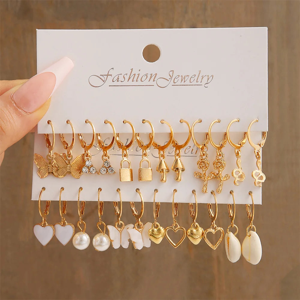 Herz-Perlen-Ohrhänger-Set, Metall, goldfarben, Schmetterlingsverschlüsse, Ohrringe für Frauen, Muschel, trendiger Schmuck