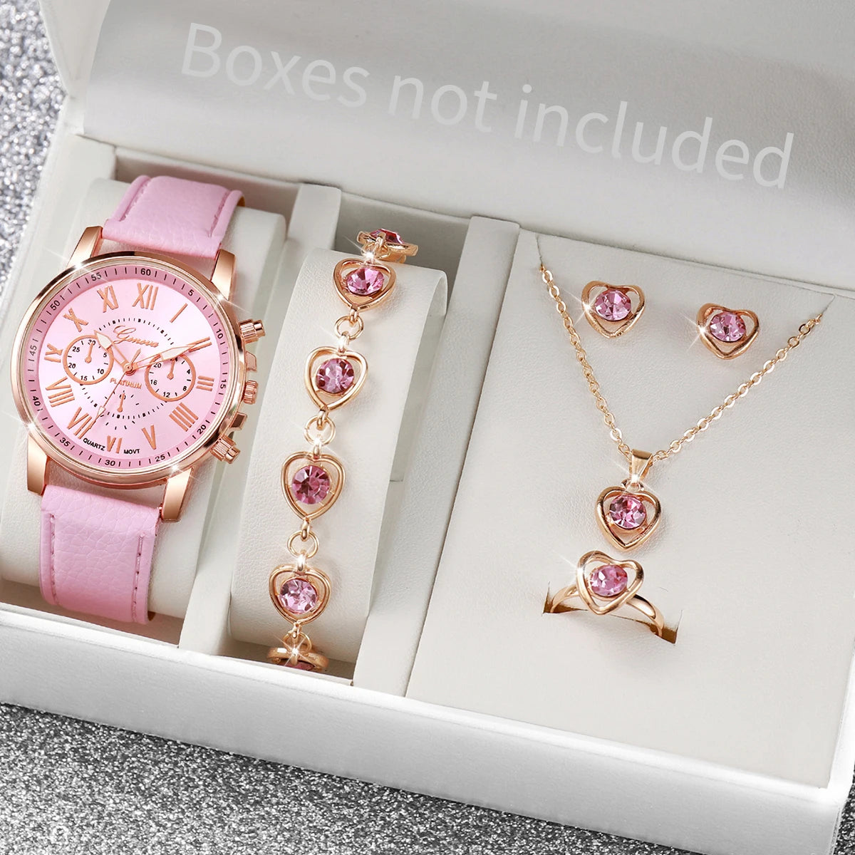 5/6 STÜCKE Mode Damen Quarzuhr Lederband Analog Armbanduhren Herz Strass Schmuck Set