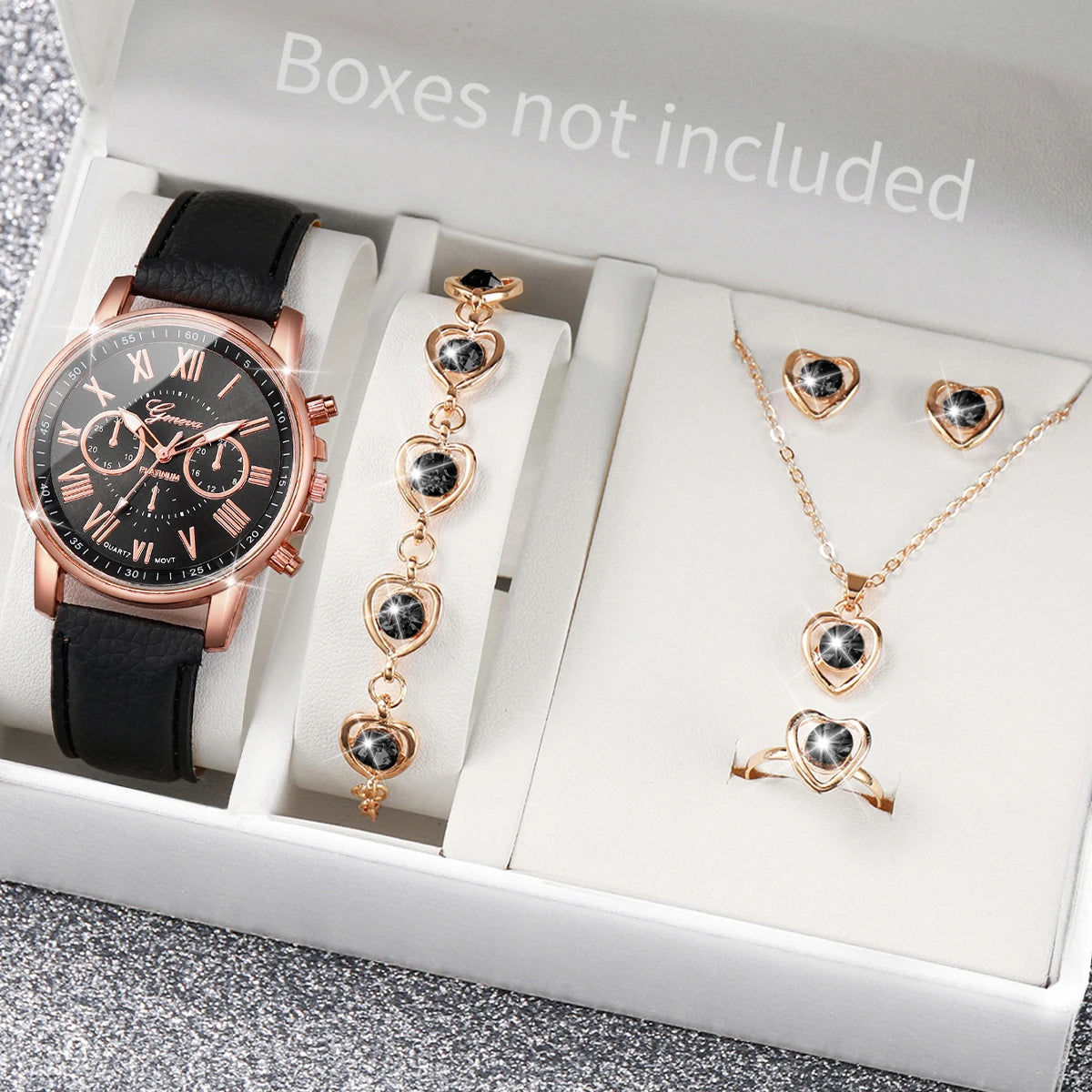 5/6 STÜCKE Mode Damen Quarzuhr Lederband Analog Armbanduhren Herz Strass Schmuck Set