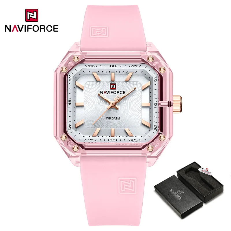 ساعة NAVIFORCE النسائية الجديدة ذات الطراز الجديد بسوار من السيليكا كوارتز مقاومة للماء حتى عمق 50 متر، ساعة يد نسائية بسيطة غير رسمية