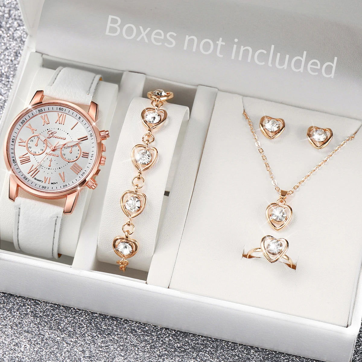 5/6 STÜCKE Mode Damen Quarzuhr Lederband Analog Armbanduhren Herz Strass Schmuck Set