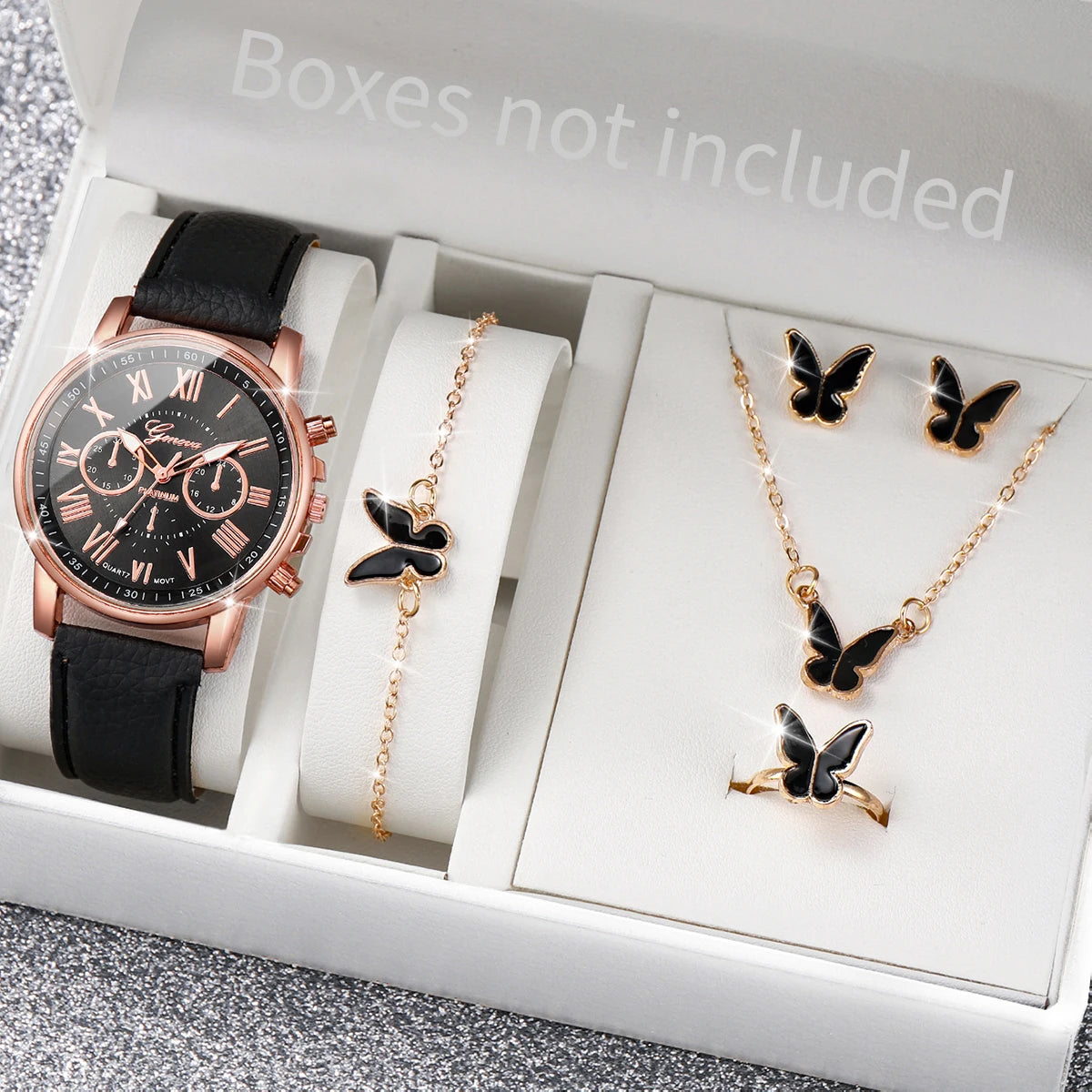 5/6 STÜCKE Mode Damen Quarzuhr Lederband Analog Armbanduhren Herz Strass Schmuck Set
