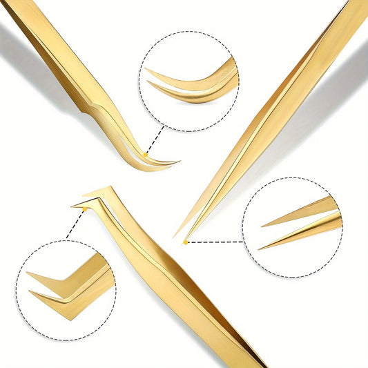 High Precision Lash Tweezers Set - Includes 3 Stainless Steel Eyelash Tweezers